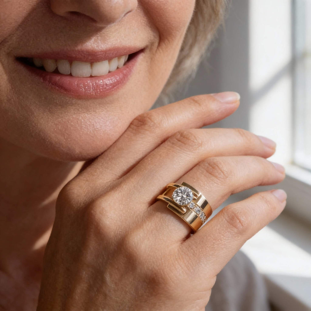 Pierścionek Vintage Złoty Asymetryczny z Cyrkoniami