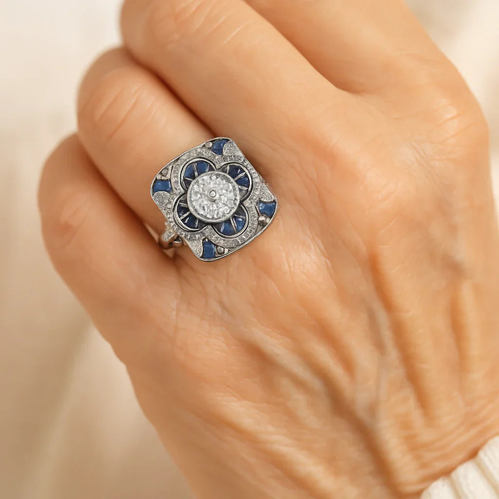 Pierścionek Vintage Srebrny z Niebieską Cyrkonią