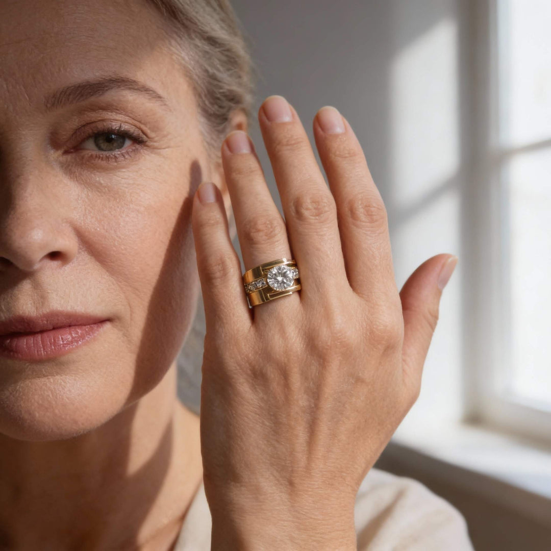 Pierścionek Vintage Złoty Asymetryczny z Cyrkoniami